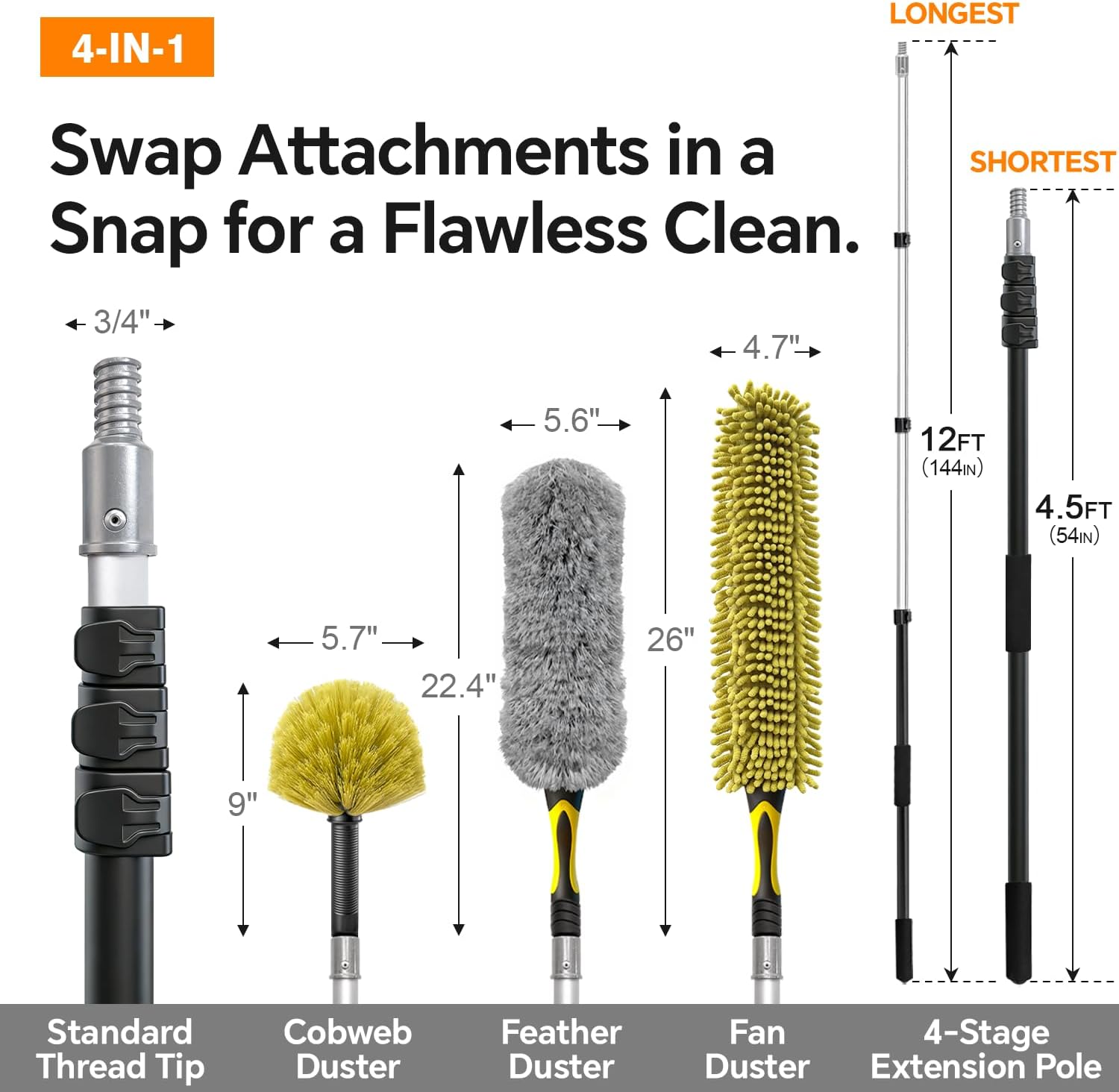 ARTIPOLY 4-12Ft Telescoping Extension Pole Kit, 4-in-1 High Reach Duster with Chenille Microfiber Feather & Cobweb Duster Attachments for Ceiling Wall Hard-to-Reach Indoor & Outdoor Cleaning Yellow