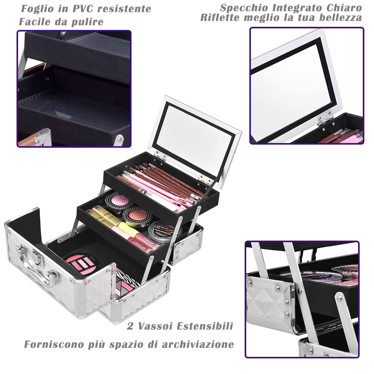 RELAX4LIFE Valigetta Rigida per Trucchi da Viaggio, Mini Valigia Portatile per Cosmetici in ABS e Alluminio, con Specchio, Manico e Chiusura, Design a Tre Strati Pieghevole, 23x15x18cm