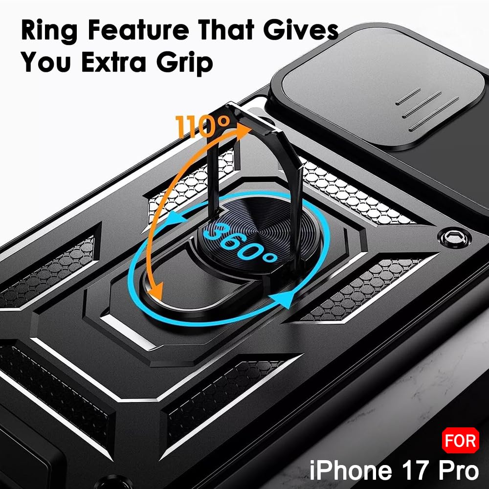 TheGiftKart Tough Armor Bumper Back Cover Case for iPhone 17 Pro | Rotating Camera Cover, Kickstand & Ring Holder | 360 Degree Protection Back Cover Case for iPhone 17 Pro (PC & TPU, Black) — Amazon image 8