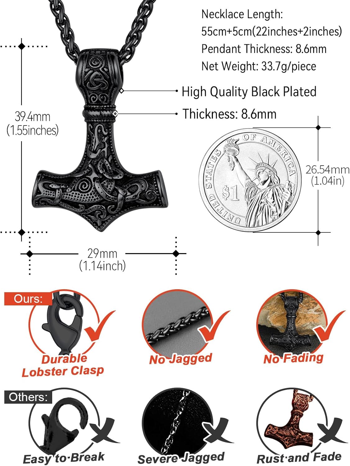 FaithHeart Viking Thor's Hammer Talisman Necklace for Men, Vintage Norse Mjolnir Amulet Pendant with Sturdy Wheat Chain, Stainless Steel Jewelry (Gift Box) - Image 5