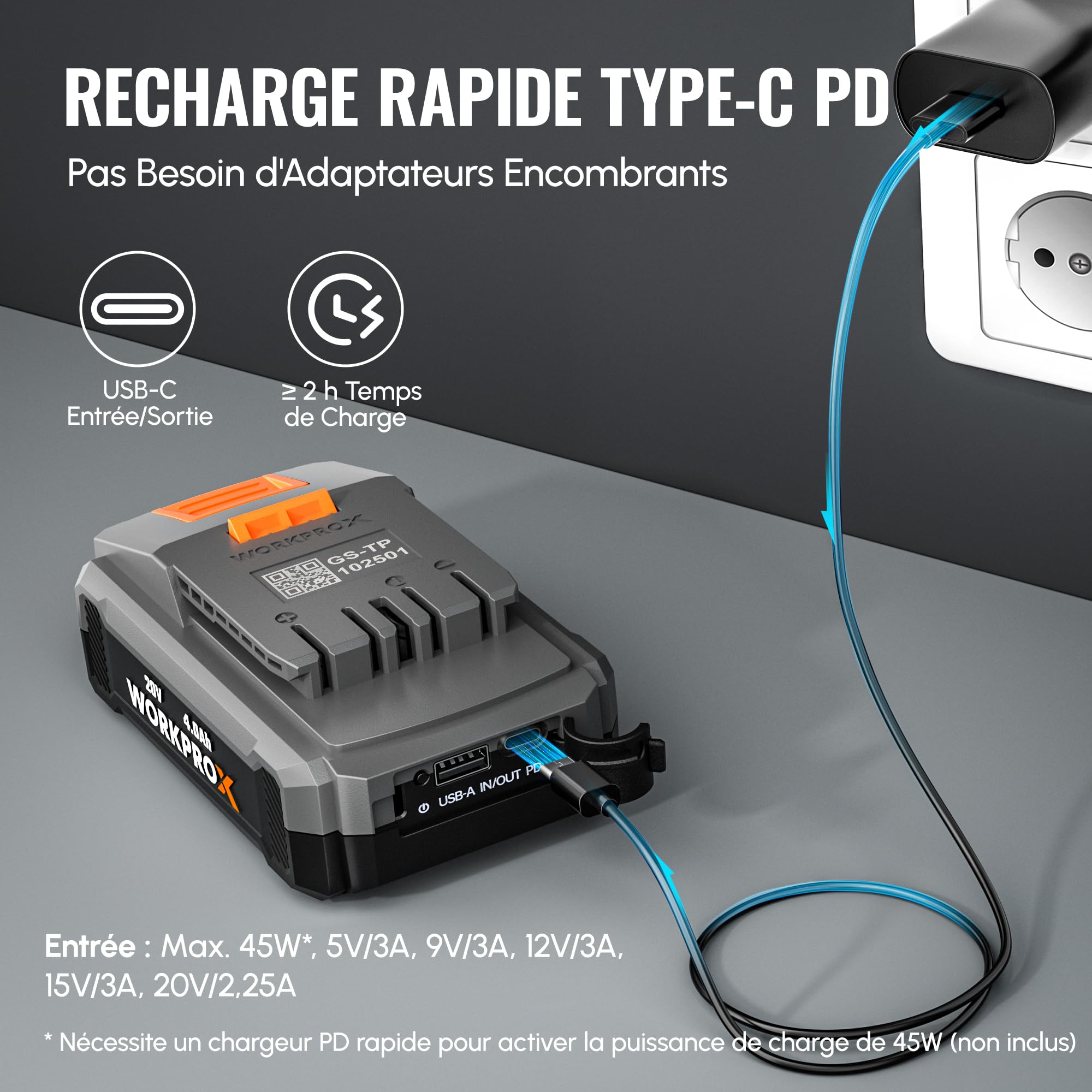 WORKPROX Batterie Lithium-Ion 20 V 4,0 Ah | Haute Capacité, Fonction Power Bank, Écran LED de Niveau de Charge, Compatible avec Les Outils WORKPROX