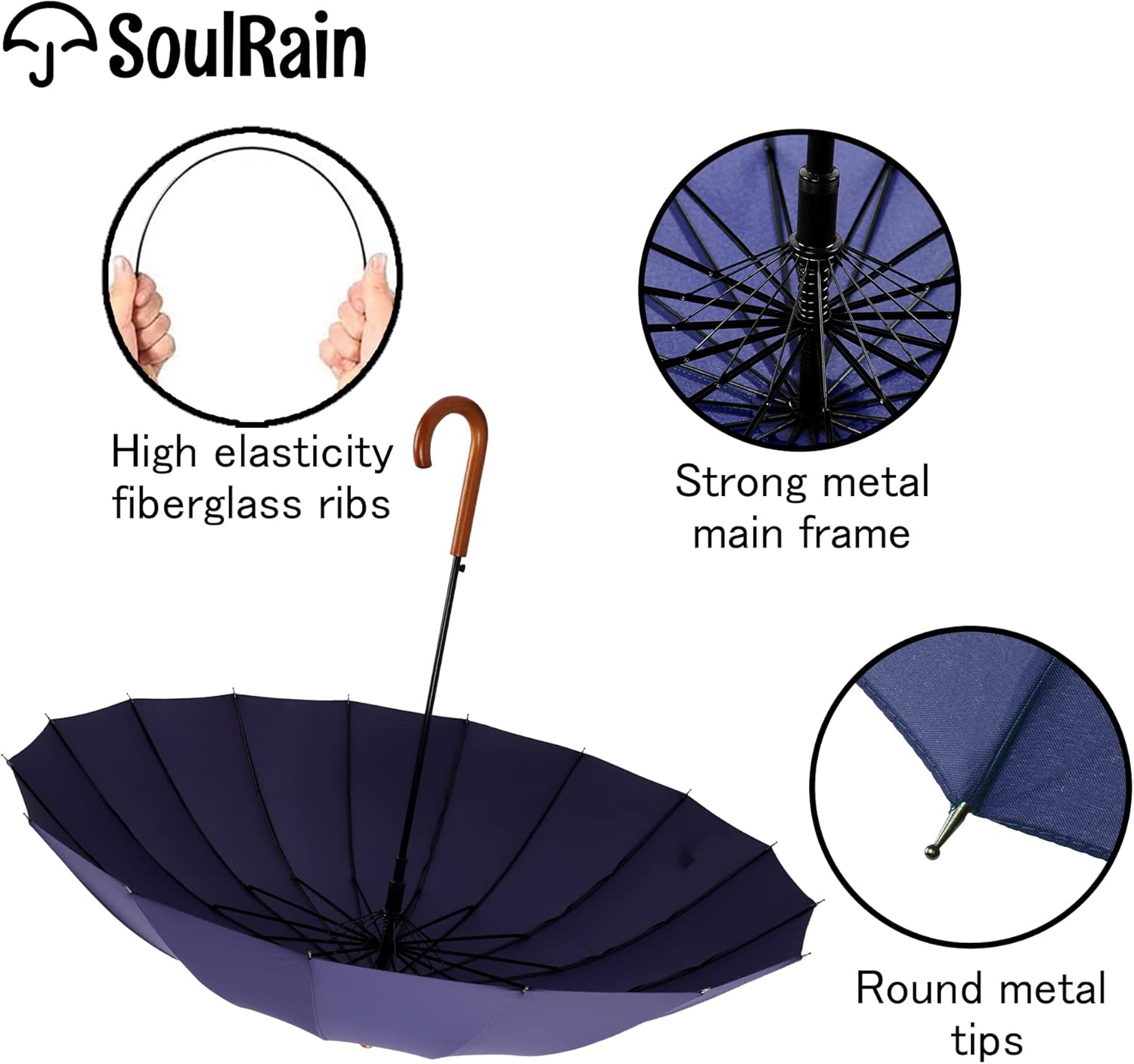 SoulRain 16 Ribs 48" Stick Umbrella Auto Open Solid Color Fashionable and Simple，Arc Classic Wood Handle，Windproof Unbreakable Stick Rain Umbrella - Image 5