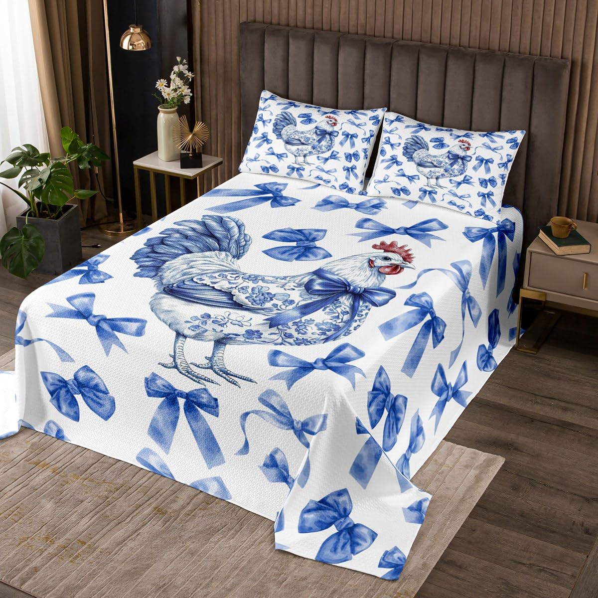 jejeloiu Chicken Quilted Coverlet King Size Blue Bow Coverlet Set for Boys Girls Children Bowknot Animals Blue White Bedspread Room Decor