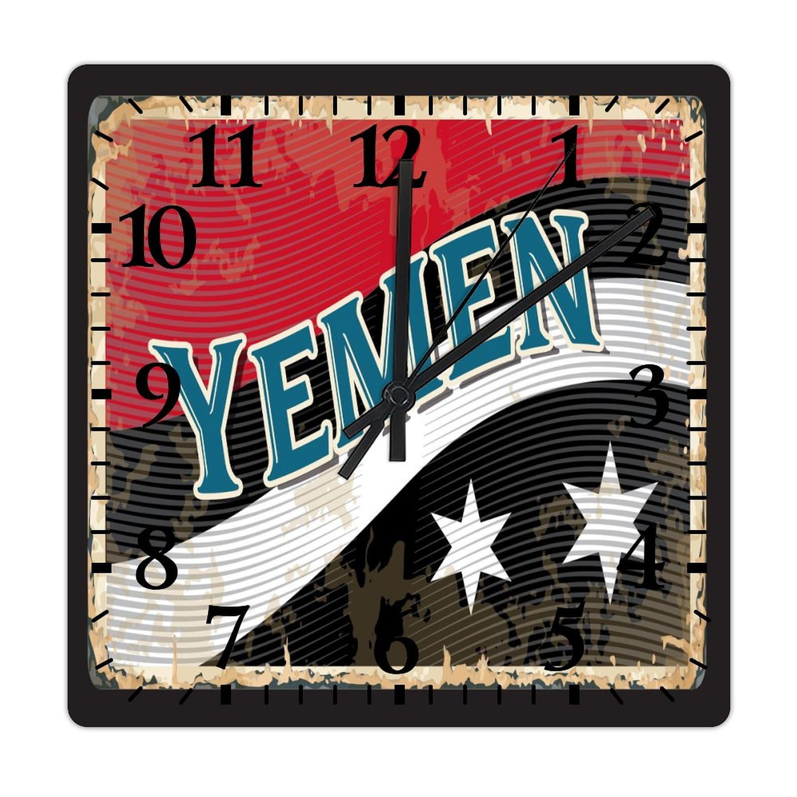 Horloge murale carrée drapeau Yémen en bois 38cm pour bureau