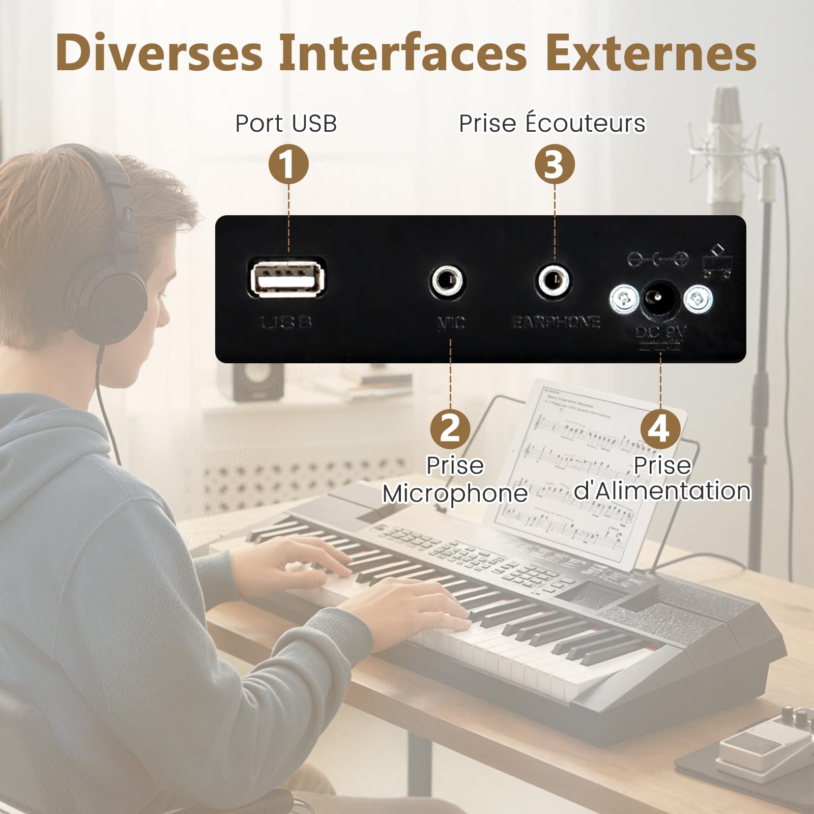 COSTWAY Piano Numérique 54 Touches avec Pupitre & Écran LED, Clavier Piano Électrique avec 200 Rythmes & 200 Timbres, Enregistrement & Haut-parleurs, USB & Prises Casque pour Débutants