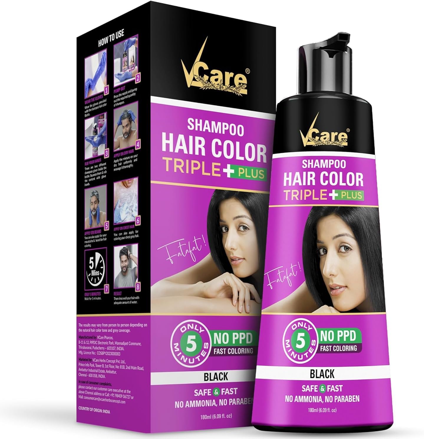 Shampoo Hair Color Triple Plus Bottle, Black, 180ml