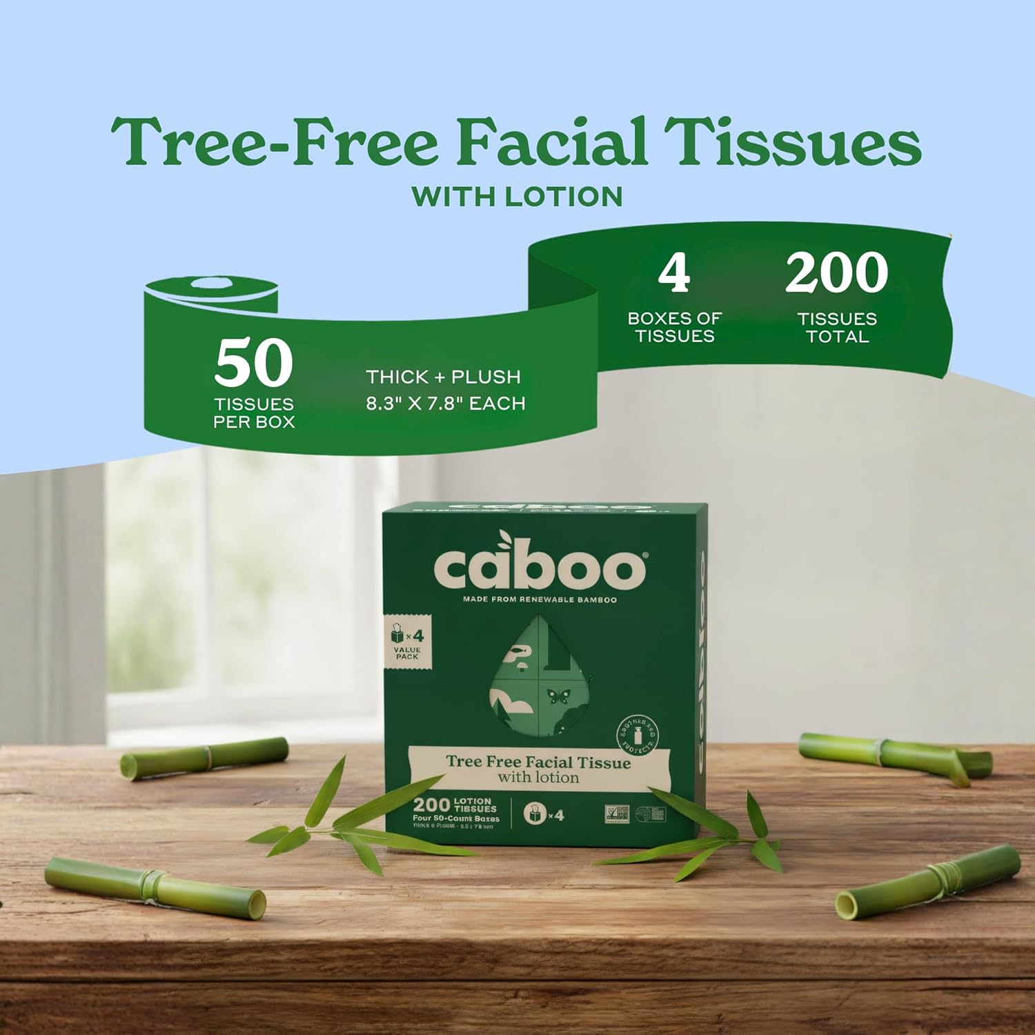 Caboo Tree Free Facial Tissues with Lotion, 4 Pack | Soft, Sustainable, Responsibly Sourced, 100% Bamboo Face Tissues | Pack of 4 Boxes, 50 Count Per Box, Total of 200 Tissues