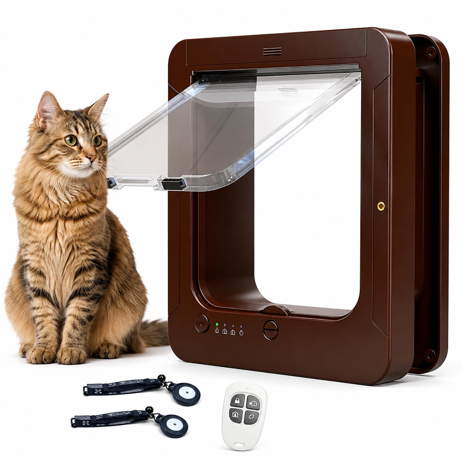 Puerta para Gatos RFID Inteligente, Trampilla Automática para Gatos con Microchip con 2 Llaves Sensor y Control Remoto para Gatos y Mascotas Pequeñas Brown