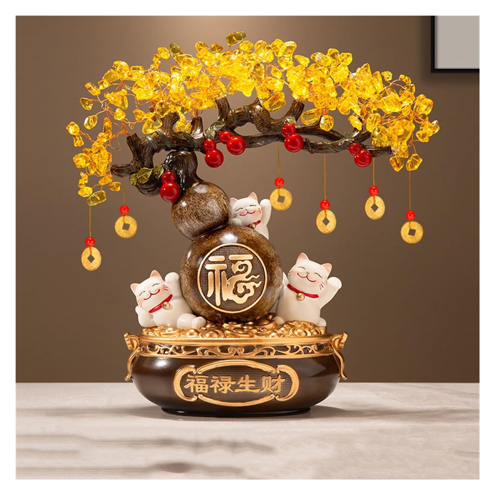 HCZKIUJY Luck and Wealth Crystal Tree Crystal Money Tree Feng Shui Decoration Lucky Cat Gourd Bonsai for Wealth and Prosperity Crystal Tree Chakra Money Tree (Bruin)