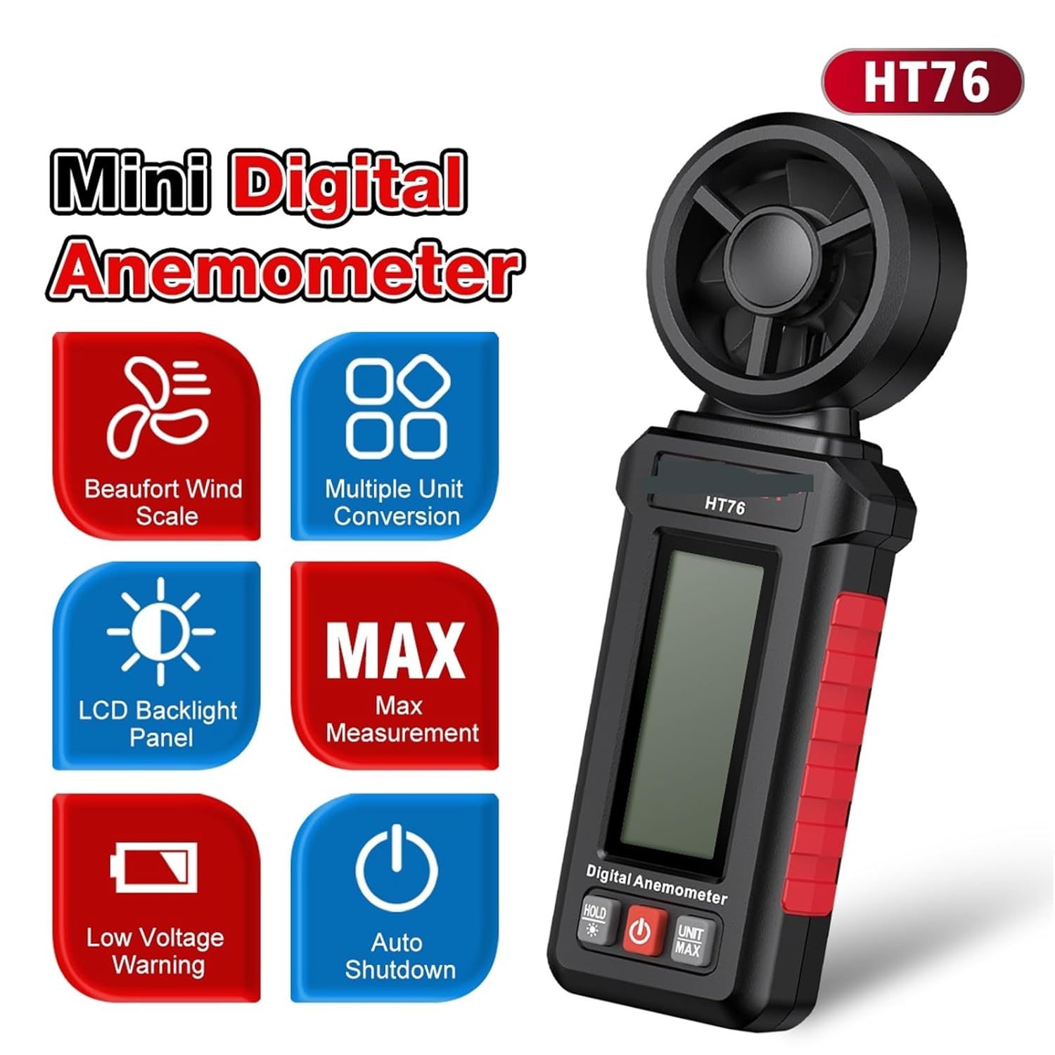 HT76 Mini Digital Anemometer Wind Speed Tester for Impeller Sensor for HVAC Sailing, Windsurfing Hold Function for HVAC