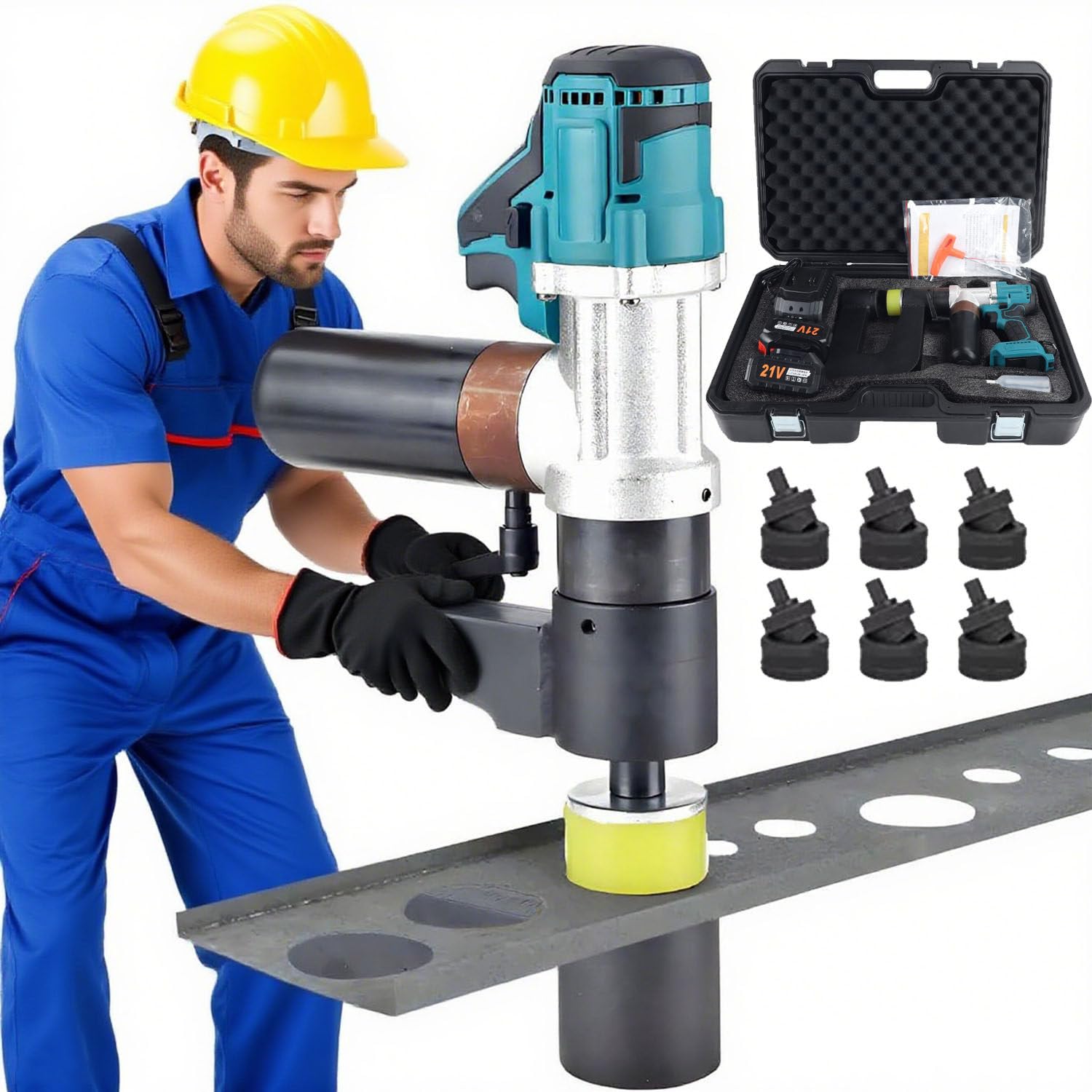 Zestaw narzędzi do dziurkowania elektrycznego z 2 bateriami 6,0 Ah, 6 matryc (16-32 mm), gardło 150 mm, dziurkacz hydrauliczny dla elektryków i metalowców