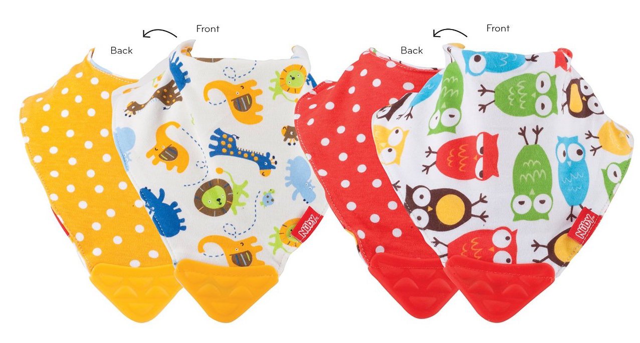 Nuby 2 Piece Bibs with Dribble Catcher and Teething Corner, Red and Yellow