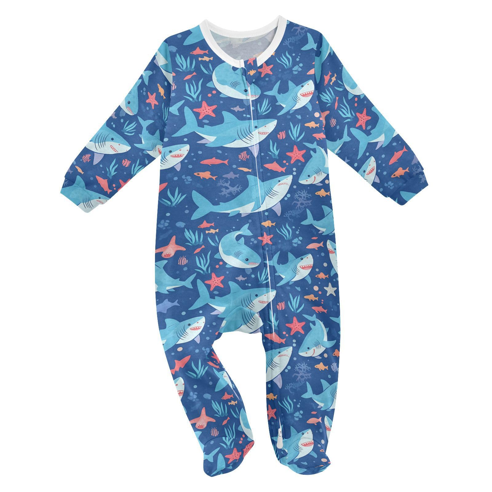 Wusikd Cartoon Sharks Starfish One-Piece Footies Cute Bodysuit Rompers Zipper for Boys Girls 6M
