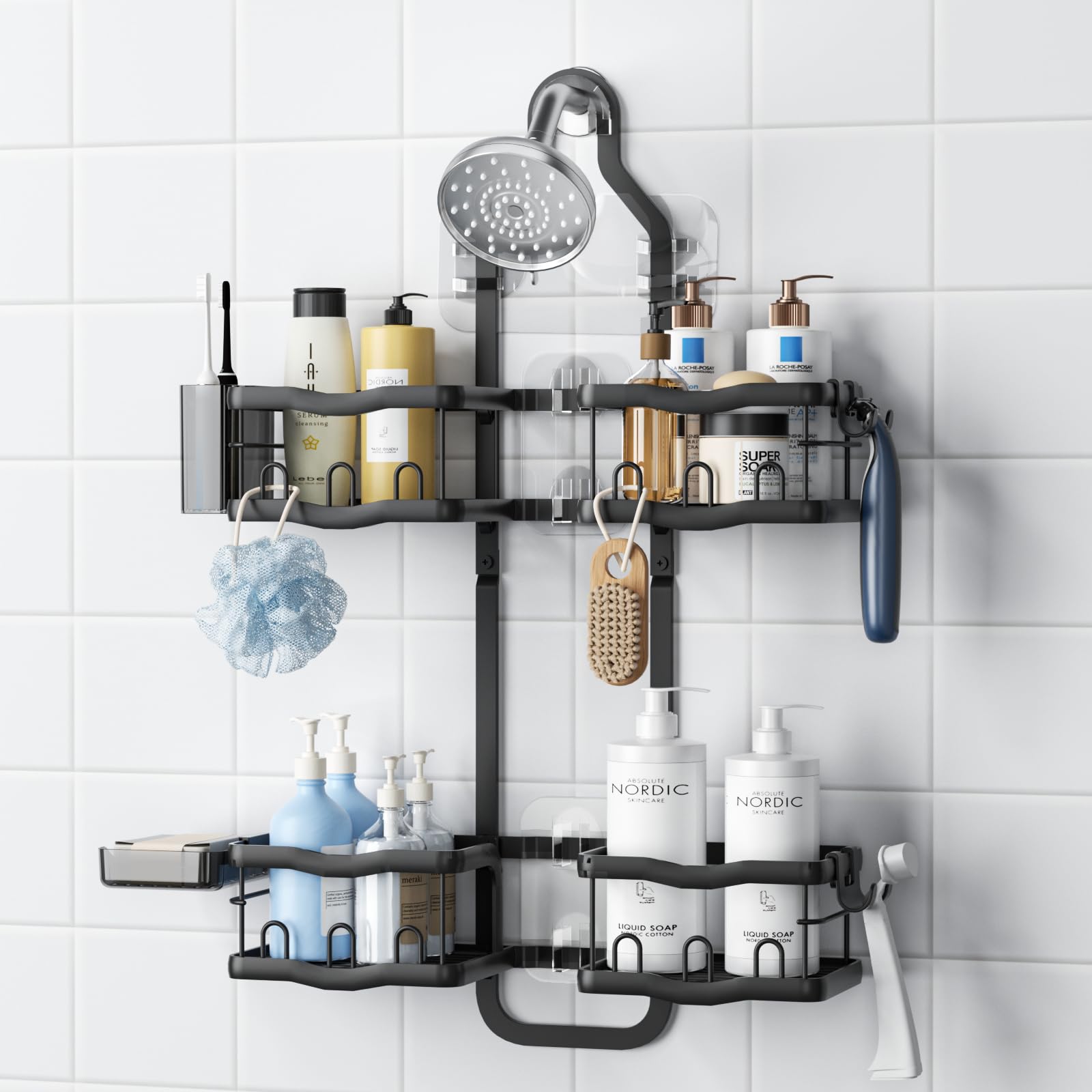 GearFusion Aluminum Alloy Shower Caddy Hanging No Drilling Over the Shower Head Caddy 2 Levels Showers Rack Organizer