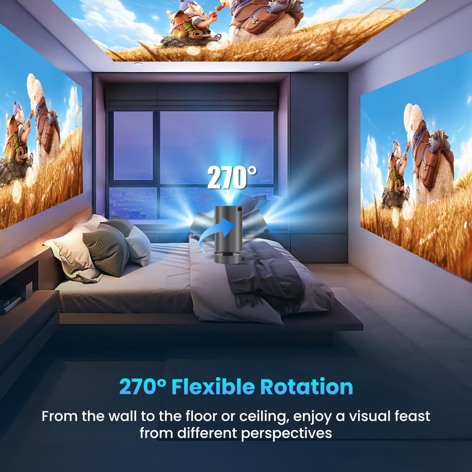 Vidéoprojecteur 4K, Mini Projecteur avec WiFi 6 BT5.4, Correction Trapézoïdale, 270° Rotation, Base de Son, Compatibile avec HDMI/USB/PS5, Retroprojecteur Portable pour Chambre, Maison et Extérieur