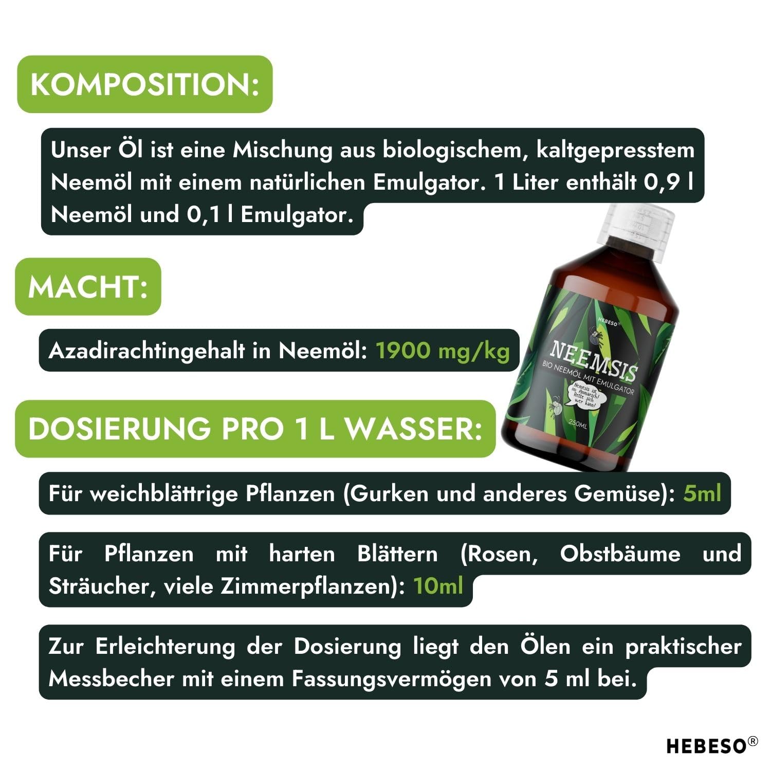 HEBESO® NEEMSIS Organiches Neemöl mit natürlichem Emulgator - Gebrauchsfertig - Kaltgepresst. 100% natürlich. Sicher für die Umwelt. (2x250ml)