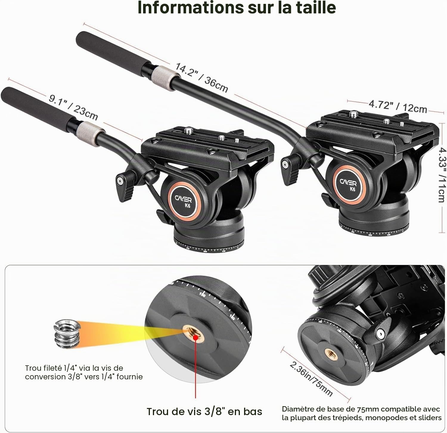 Cayer K6 Tête Fluide Trépied Vidéo pour Appareil Photo Reflex Canon Nikon Sony Olympus, Vis 3/8" 1/4", Poignée 2 Sections