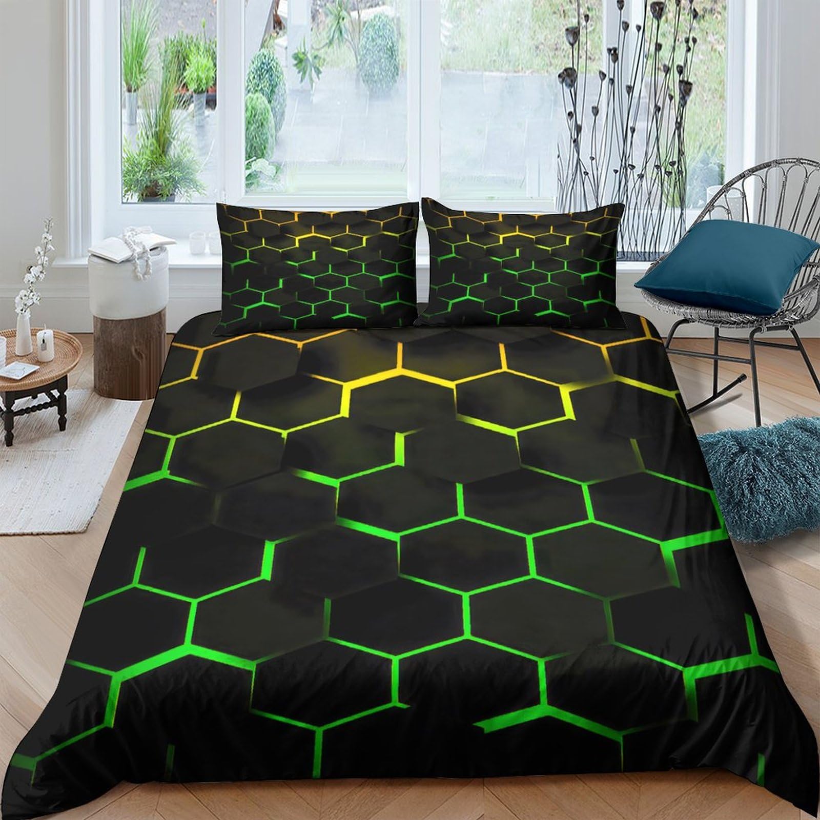 GPLZQXKJNH 3D Printed Geometric Hexagon Duvet Cover Set Microfiber Soft Breathable Neon Grid Bedding with 2 Pillowcases for Bedroom Home Single（135x200cm）