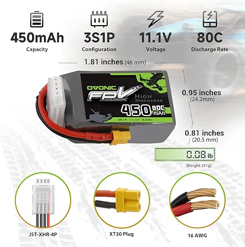Miniatura 2 de OVONIC Batería Lipo de 11.1V 80C 450mAh 3S con enchufe XT30 [1 paquete que incluye 2 baterías]