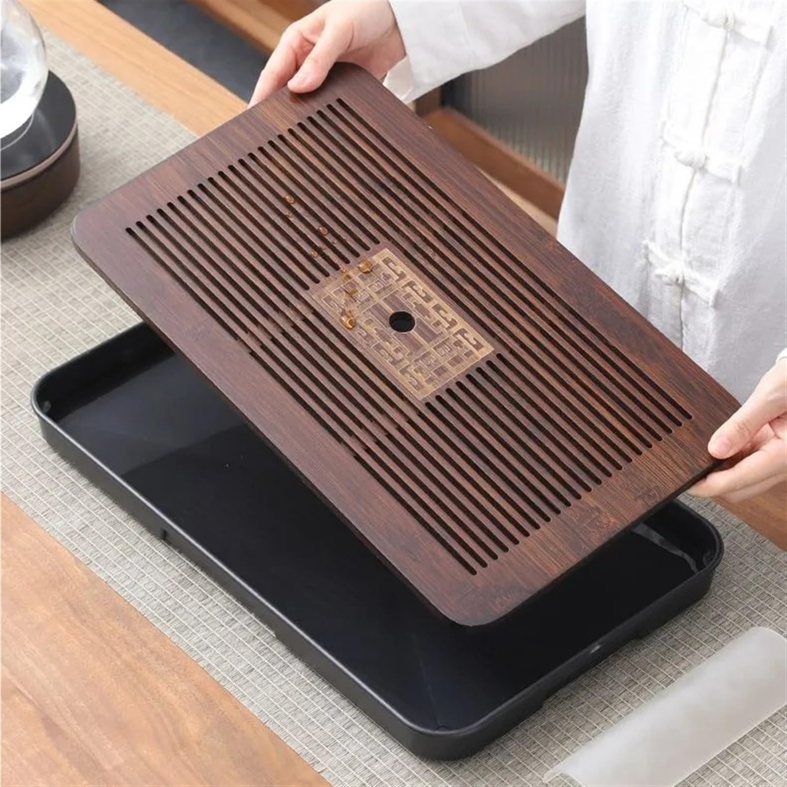 Bandeja Bandeja de Madera for Bandeja de té, Tablero de Juego de té de Drenaje a pequeña Escala, Suministros rectangulares, 3 Estilos, Negro(Brown02)