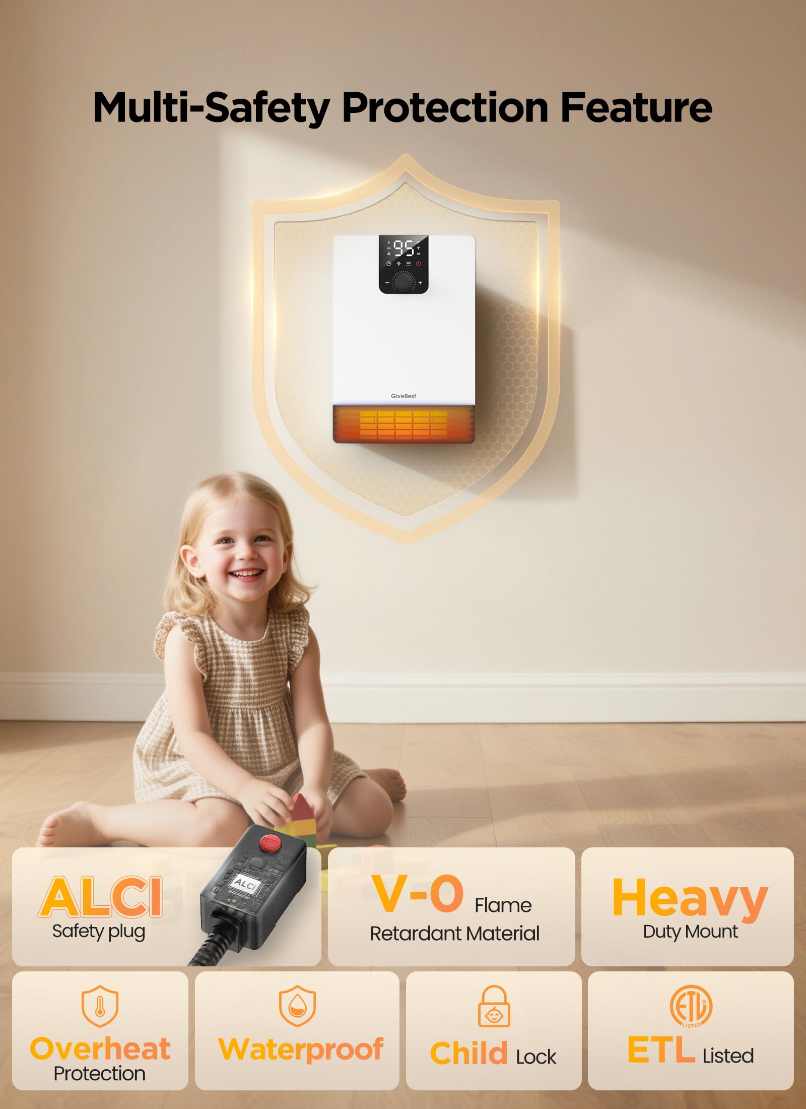 GiveBest - Grzejnik ścienny do łazienki, grzejnik elektryczny 1500 W z wtyczką ALCI, regulowany termostat, 3 tryby ogrzewania, 24-godzinny timer, łatwy montaż grzejnik do użytku