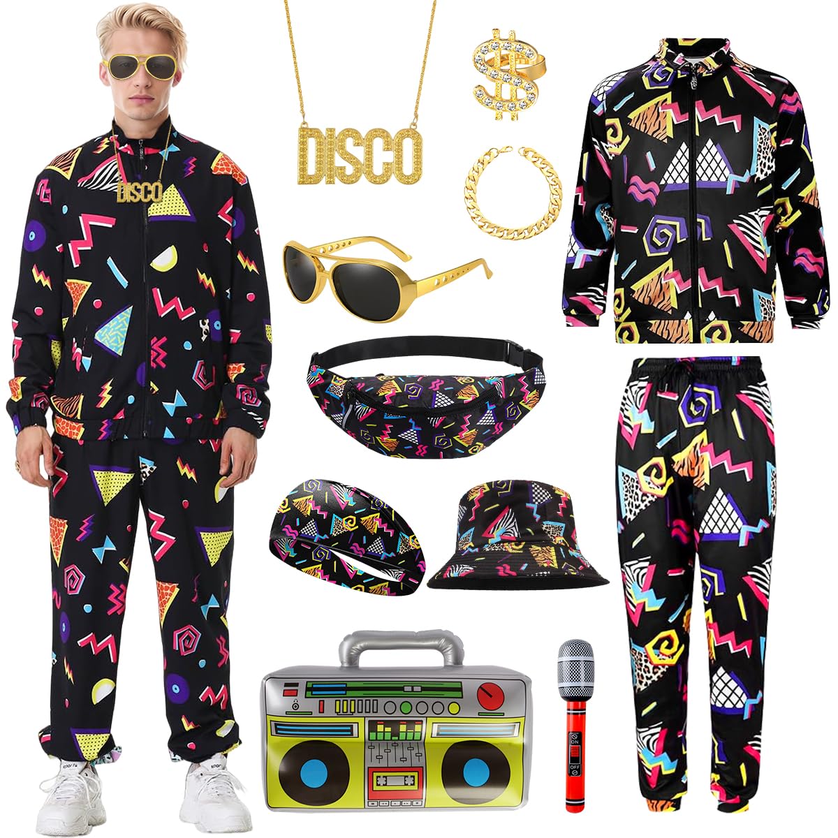 COYBTO 80s Fancy Dress Men, 90s Fancy Dress Costumes with Retro Accessories, 80s Fanny Pack Headband Inflatable Radio