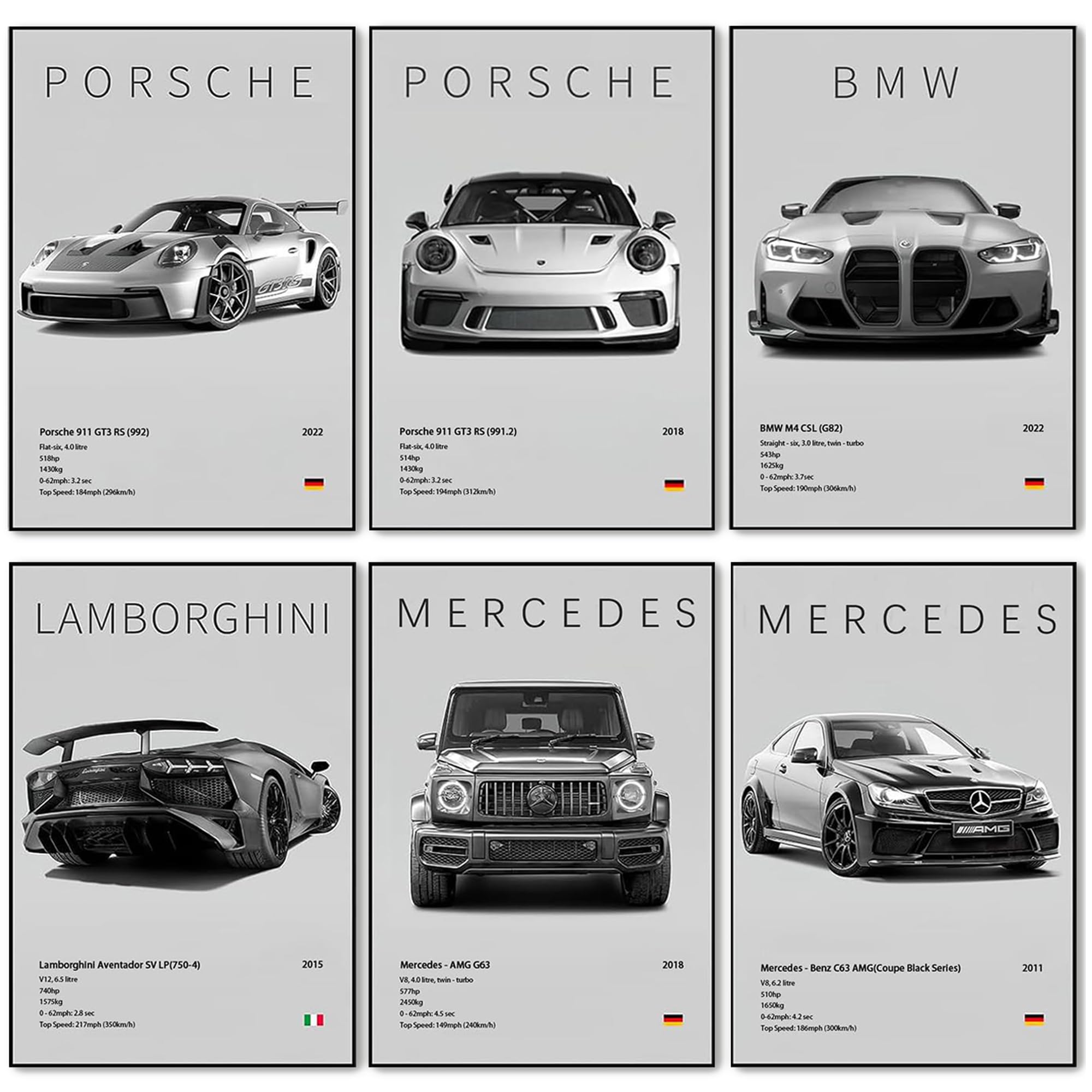 JTENGYAO 6 PCS Supercar Wall Posters, Modern Super Sports Car Wall Art Prints, Cool Racing Car Wall Decor for Bedroom, Living Room, Garage, Man Cave, Unframed (Grey)