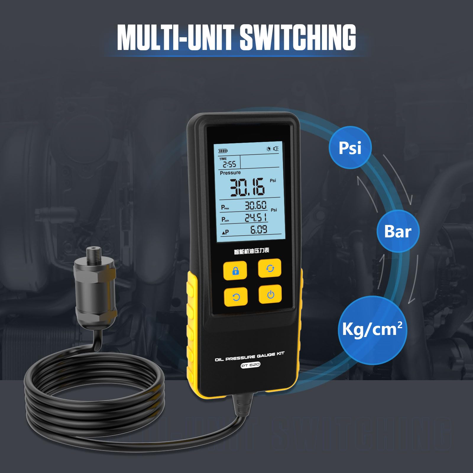 PT620 Strumento del tester di pressione dell'olio, 0-426 PSI 0~29bar Strumenti diagnostici della prova di pressione dell'olio del motore di Digital con il tubo di prova & 17 connettori