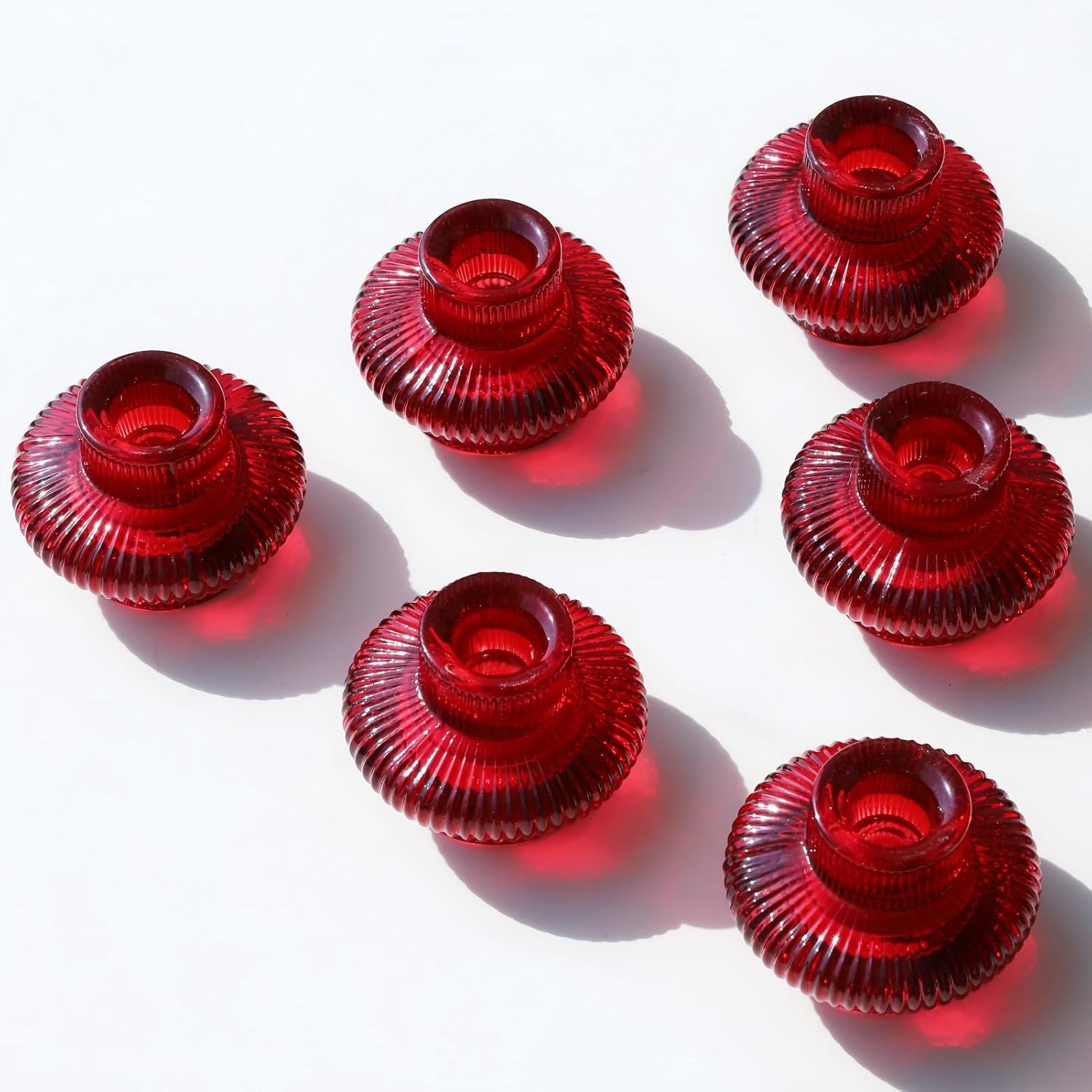 VOHO Vintage Red Candlestick Holders for Christmas Decorations, 6pcs Stackable Candle Stick Candle Holder for Valentines Day Decoration, Ribbed Taper Candle Holders for Candlesticks & Tea Lights Red 6