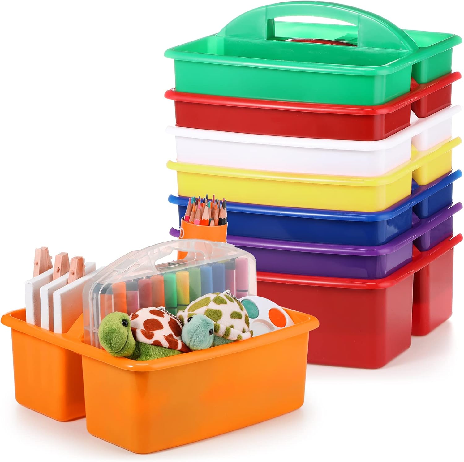 8 Pack Classroom Supply Caddies 3 Equal Compartment Caddies, Assorted Colors