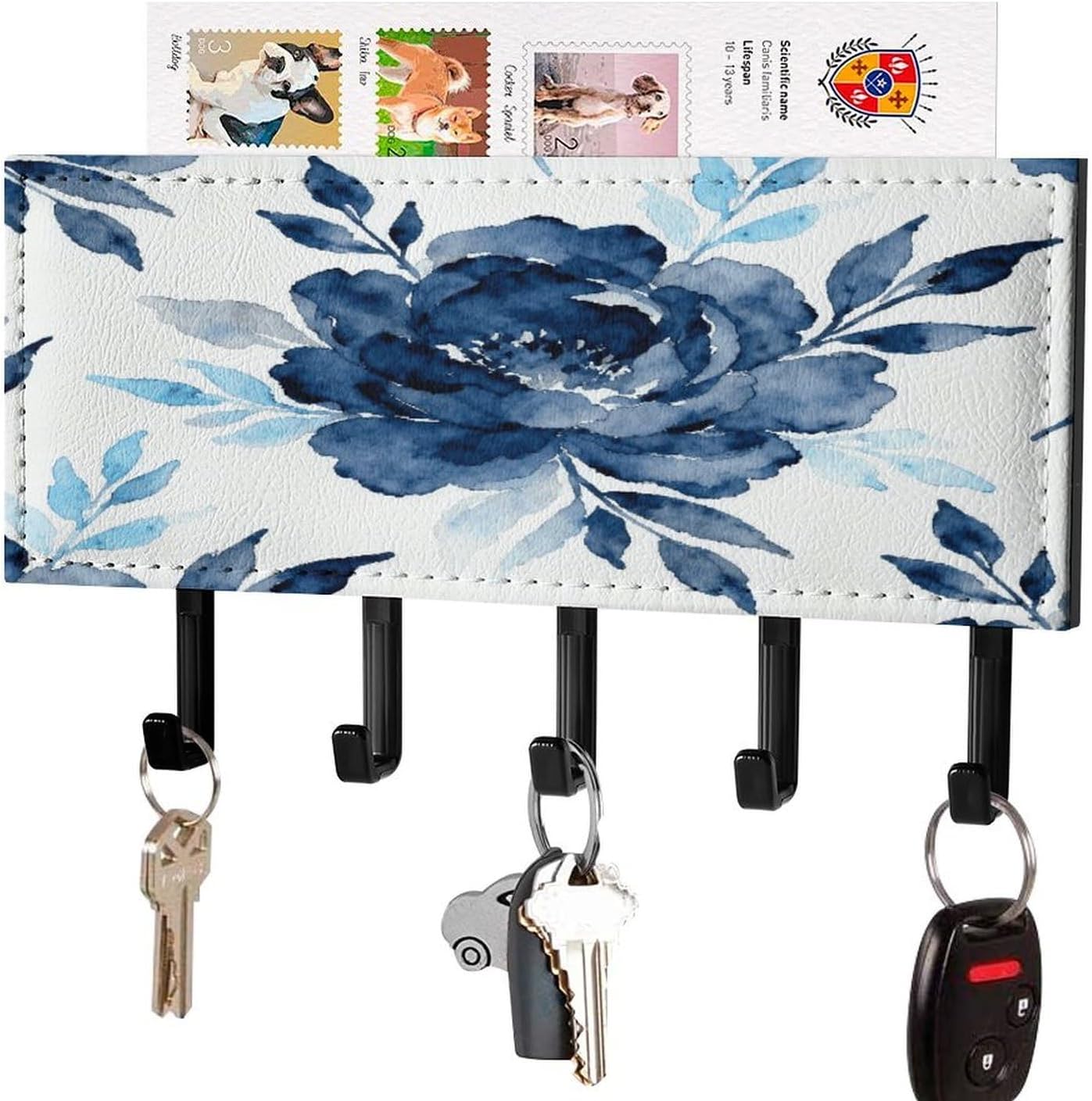 Ink Flower Charm PU Leather Key Holder Wall Mount