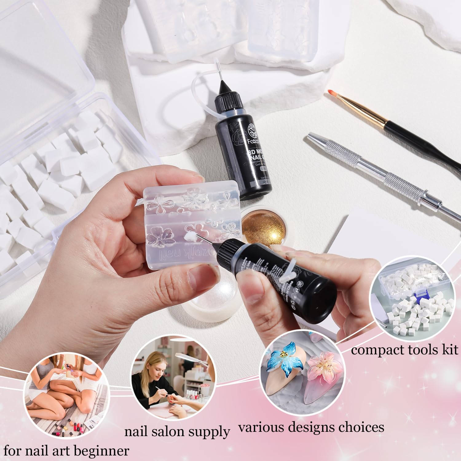 Fcozpjk 3D Gel Nail Art for Nails Starter Kit: 15ML Clear and White 3D Sculpting Gel with 3PCS Silicone Flowers Nail Charm Molds Gold Silver Chrome Powder Ombre Sponges Salon Supplies DIY Manicure