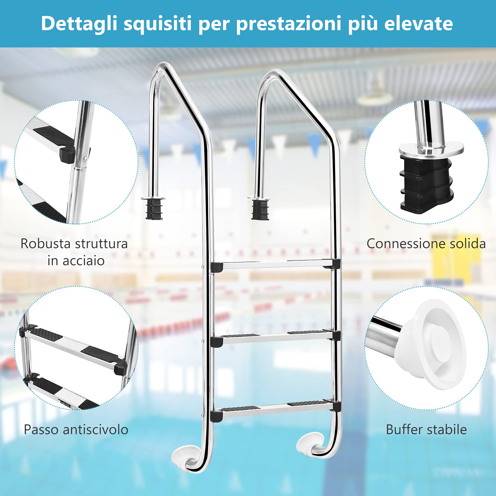 COSTWAY Scaletta per Piscina in Acciaio Inox, Scaletta Piscina con 3 gradini Antiscivolo, con Corrimano Comodo, Capacità di Carico: 150 kg