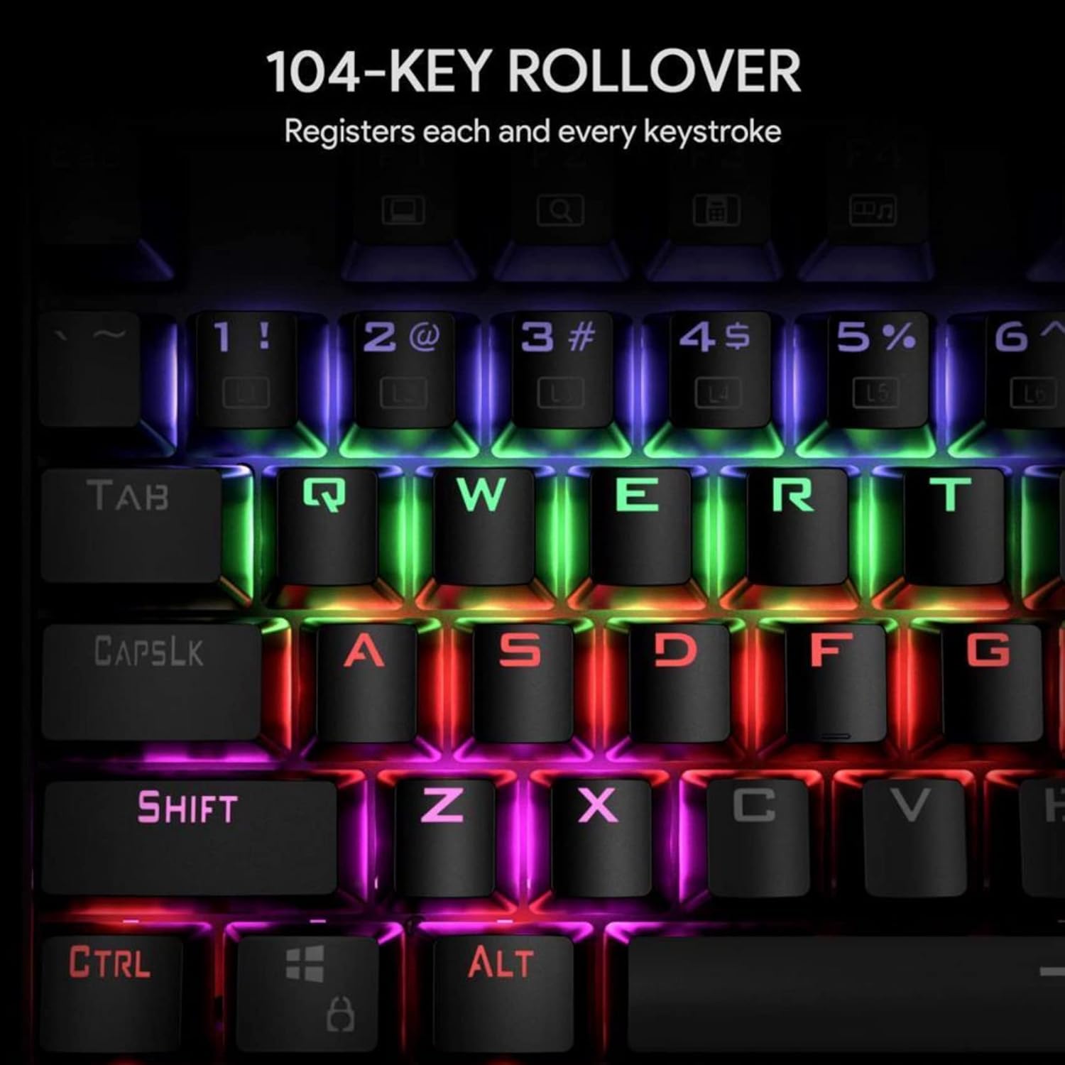 Close-up of keyboard keys highlighting 104-key rollover capability.