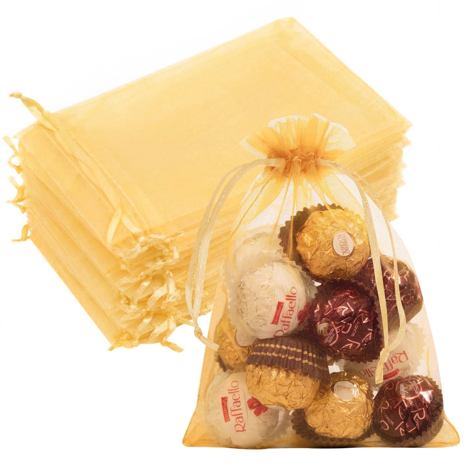 50PCS Gold Organza Bags 5x7, Small Mesh Gift Bags Drawstring Cute Sheer Pouches Mini Candy Sachet Soap Jewelry Baggies for Birthday Wedding Baby Shower Party Favors Halloween Christmas
