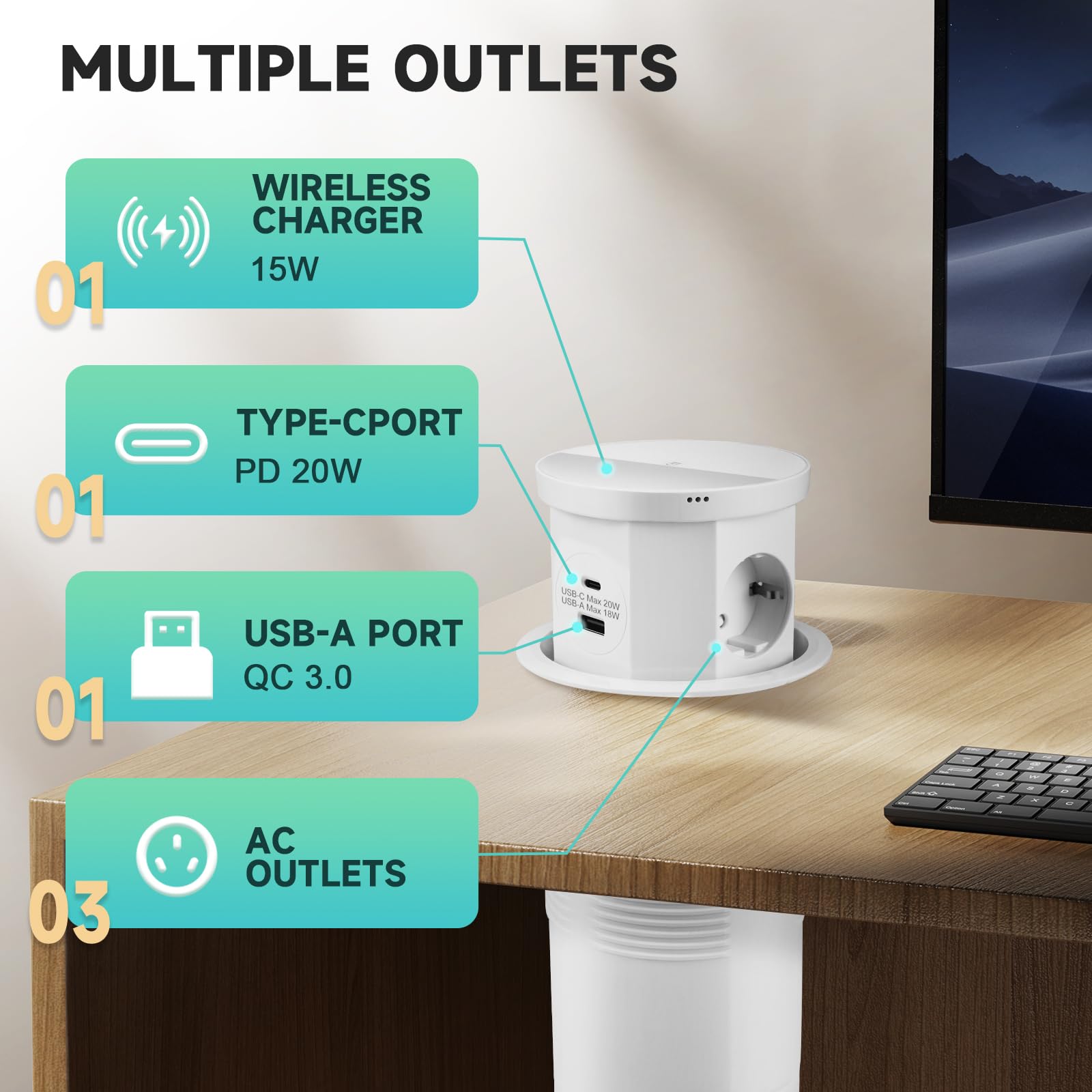 Regleta de toma empotrable para encimera, multienchufe empotrable, toma de mesa retráctil con 3 enchufes, 1 USB-C y 1 USB-A - Mesa retráctil - con cargador inalámbrico (blanco)