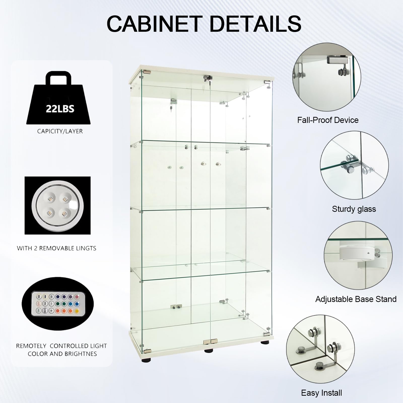 Vitrina de cristal con LED, Vitrina de colección modelo con 2 puertas y 4 estantes, puerta con cerradura, Vitrina de cristal transparente Pasillo, Mueble bar de salón(Blanco G, LED de dos puertas)