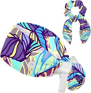 FVQL 2 Pieces Surgical Cap for Long Hair Scrub Cap with Hairband Nurse Cap, Colorful Pattern Floral Flower Banana Leaf