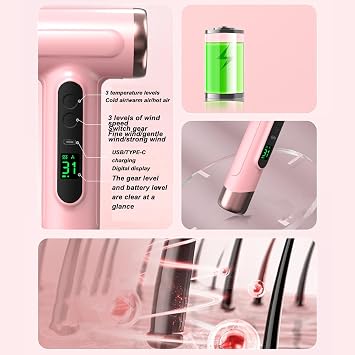 Cordless Hair Dryer, 200W Powerful Fast Drying with 30000 RPM Motor, 3 Heat Settings, Blue Light Ionic Technology, 360 Rotating Nozzle, for Home Travel Styling (Pink)