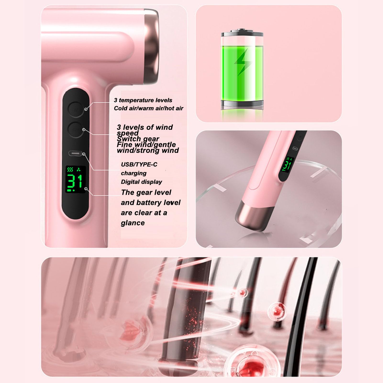 Elprico Suszarka do Włosów Bezprzewodowa, Suszarka Jonowa USB z 3 Ustawieniami Ciepła, Szybka Przenośna Suszarka do Włosów do Podróży, Biwakowania i Używania Domu (Różany)