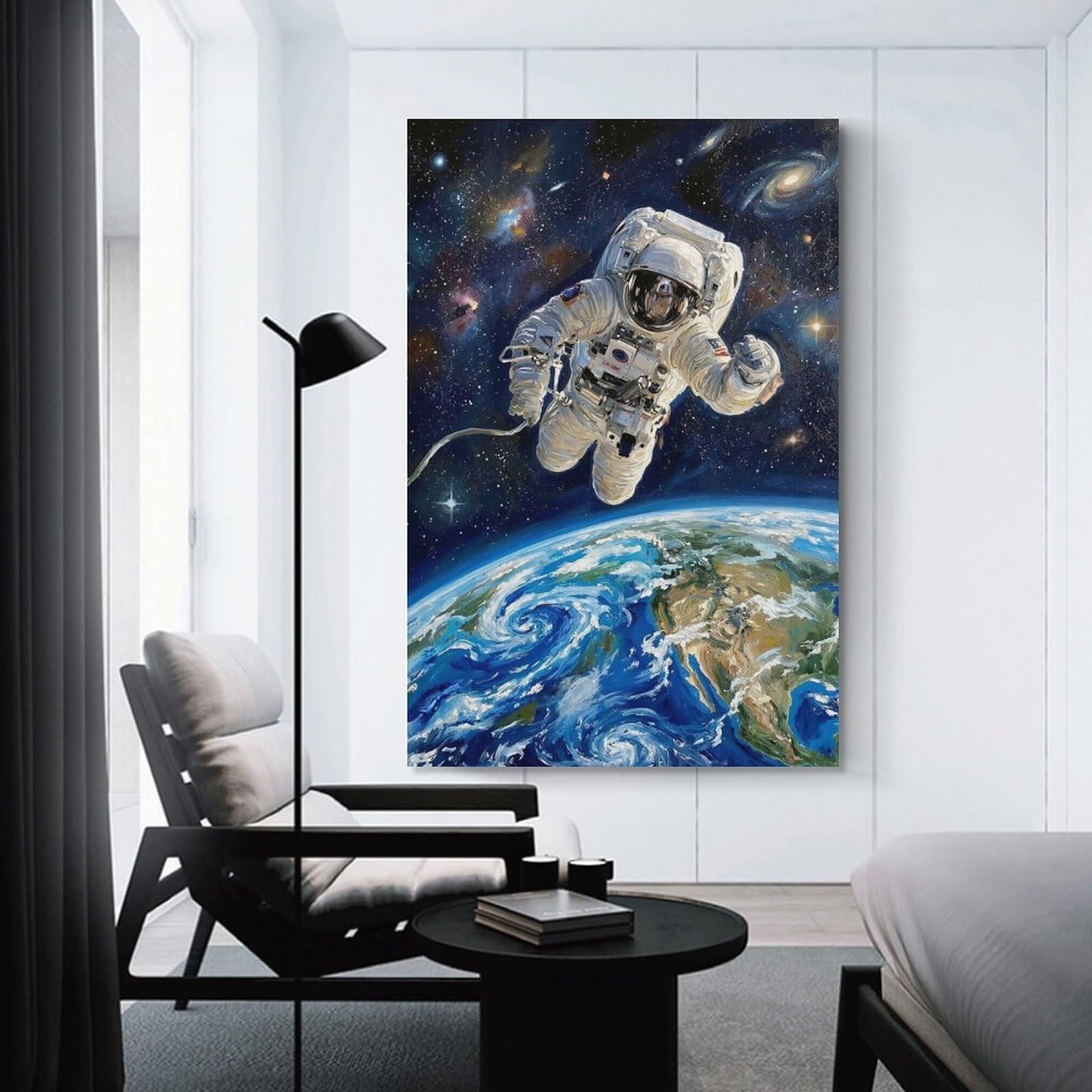 Junmoney Decorative Canvas Print Astronaut in Space Above Earth Painting, 24x36inch(60x90cm), for New Homes, Bedrooms Or Workspaces, Thoughtful Wall Decor for Art Lovers