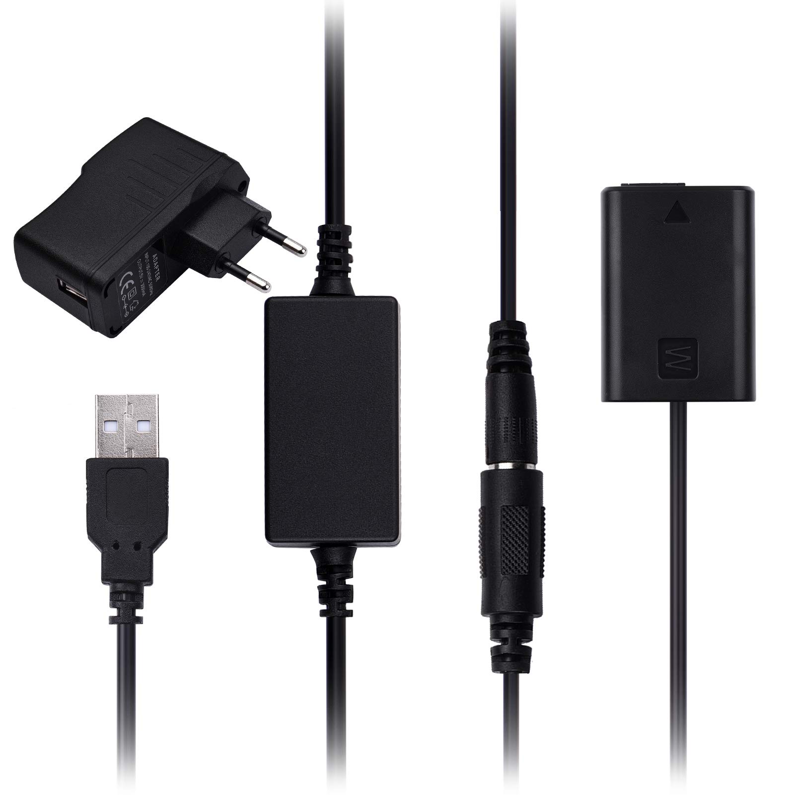 DR-FW50 Fully Decoded DC Coupler Dummy Battery Replace of NP-FW50 Battery with USB DC Converter Power Cable Wall Plug Compatible with Sony A7 A7R A7S A7M A7II A7S2 A7M2 A7R2 A6500 A6400 A6300