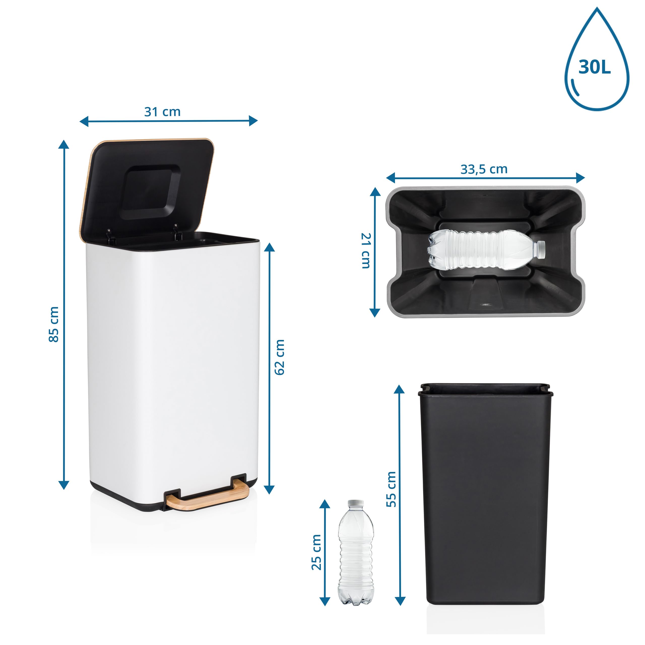 hjh OFFICE Mülleimer Küche, 30 Liter CLEAN NATURA Softclose Abfalleimer aus Metall, Tretmülleimer mit Inneneimer, Creme/Walnuss