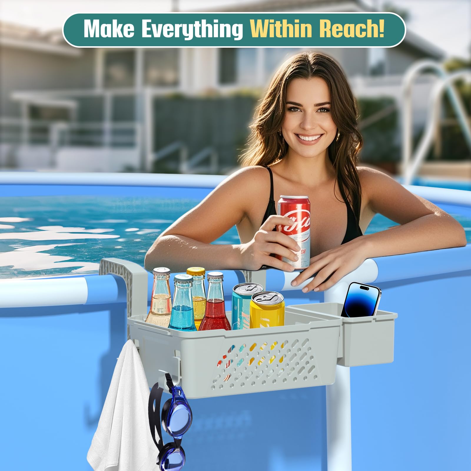 Cesto portaoggetti a bordo piscina, accessori per piscina fuori terra, cestini per piscina con asciugamano organizzato, adatto a binari superiori da 7,6 cm o meno, cestino organizer versatile per