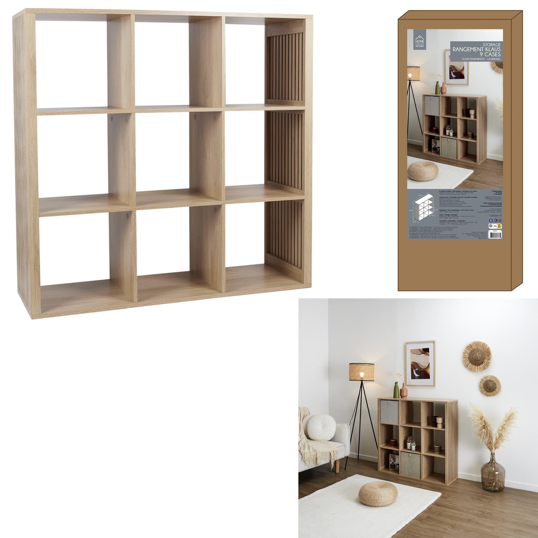 HOME DECO FACTORY Rangement Modulable 9 Cases Klaus en Bois MDF Marron | Contreplaqué, rangement modulable, 9 cases, collection Klaus, salon chambre entrée, grande capacité, empilable, marron