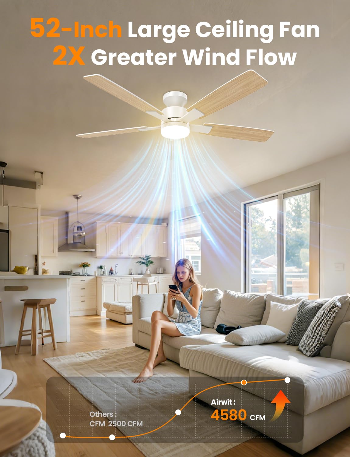 Airwit Ventilateur Plafond 132cm avec Lumière Silencieux, Télécommande, 6 Vitesses, LED Dimmable, Moteur DC Réversible