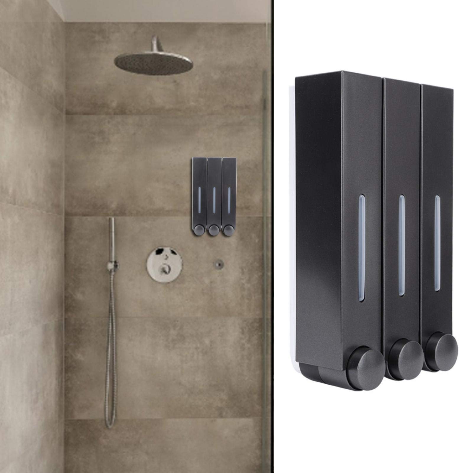 Dispensador de jabón de Pared, Manual montado en la Pared para dispensador jabon Ducha, dispensador de Gel de Ducha, Gel y champu, Loción para Baño Cocina Hotel 3x420ml(Black)