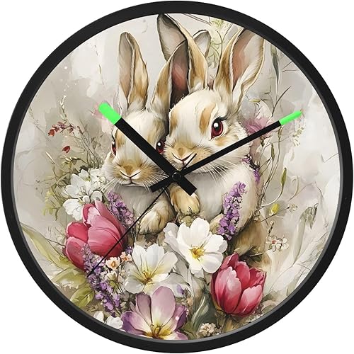Round Wall Clock Watercolor Retro Rabbit Flowers 12 Inch Non-Ticking Silent Modern Decor Clock for Home Office