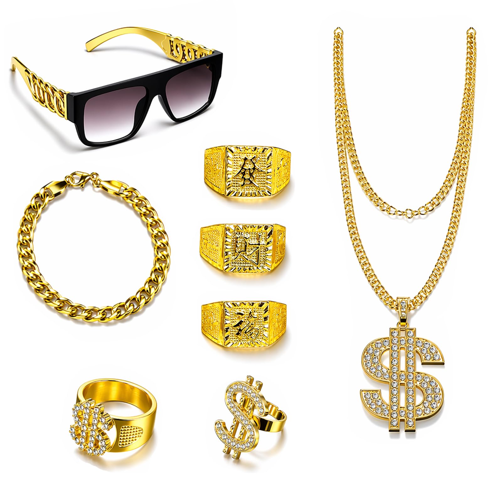 Dollar Sign Necklace 8Pcs Hip Hop Party Set,Fake Gold Chain, Rapper Costume