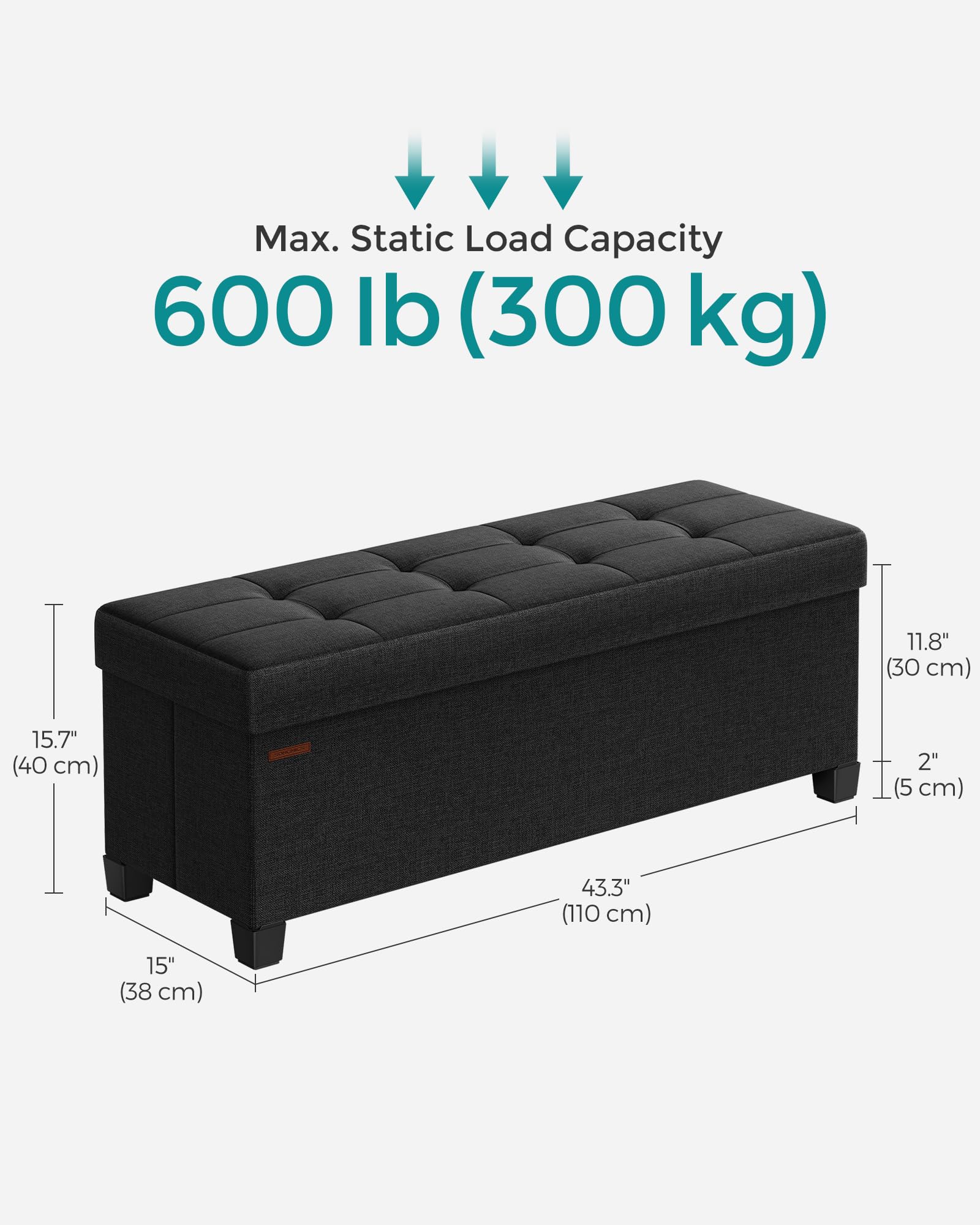 SONGMICS Storage Ottoman, Folding Storage Bench, Ottoman with Storage, Storage Ottoman Bench, for Living Room, Bedroom, 15 x 43.3 x 15.7 Inches, Black ULSF018B01